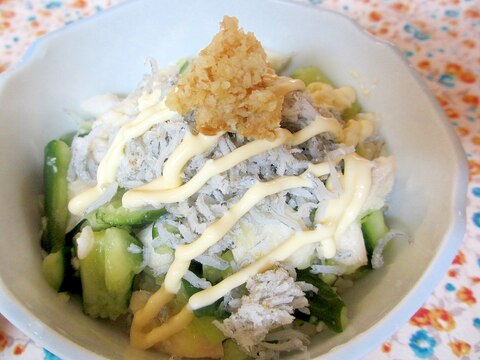 たたき長芋とキュウリのしらす生姜マヨ丼